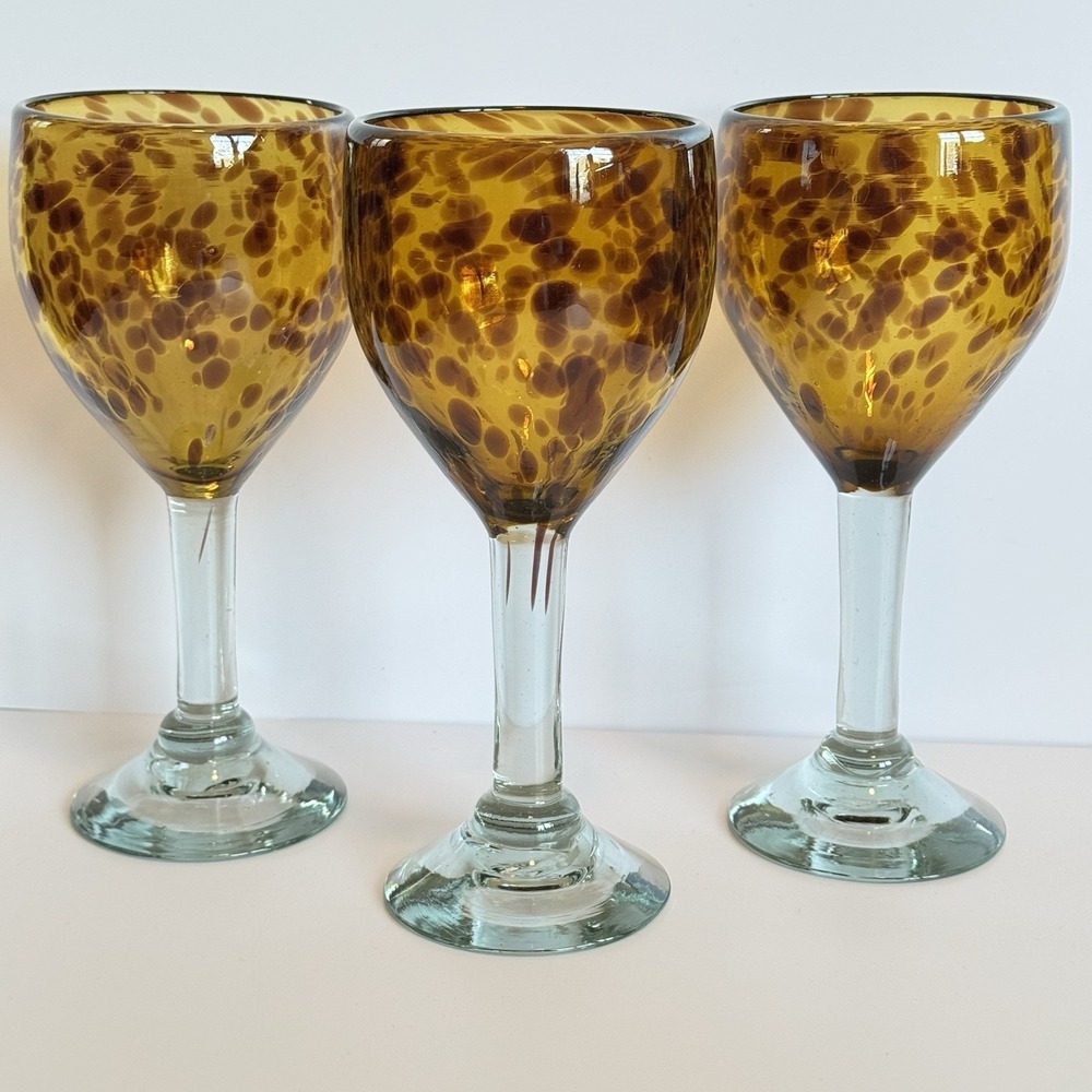 Vintage Tortoise Shell Wine Glass Goblets Set‎ 3 Amber Spotted Stemware